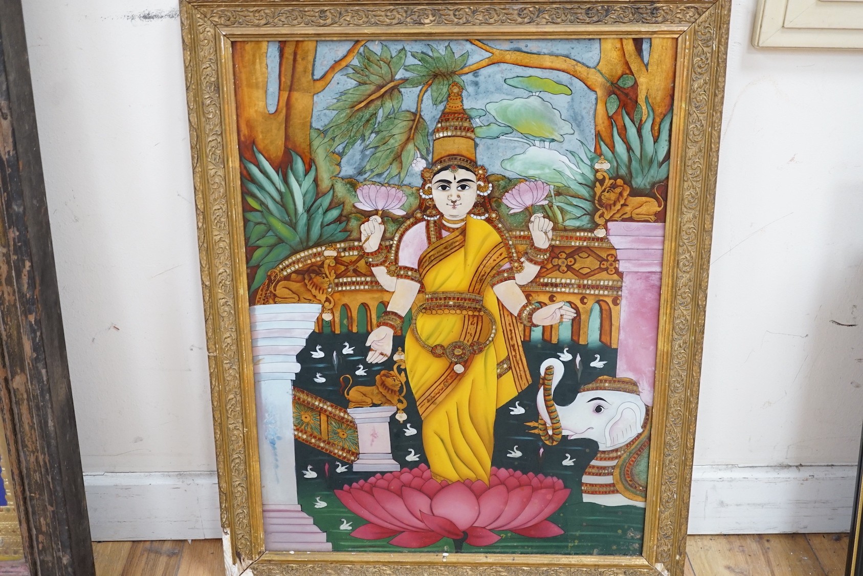 Indian School, eight assorted reverse paintings on glass, Studies of nobles, deities and other figures, largest 60 x 44cm